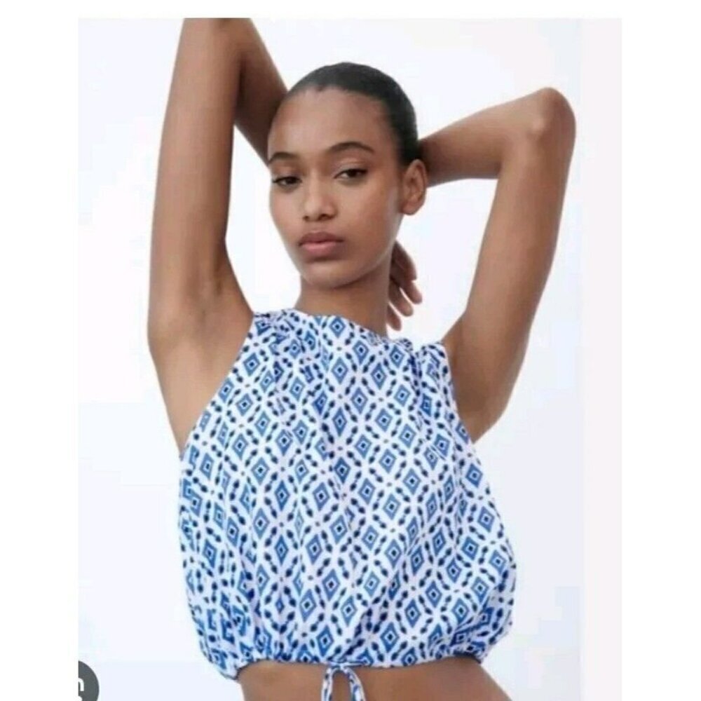 Zara Ava Blue White Cropped Blouse Shirt Top NWT Drawstring Tie SIZE S 3198 246